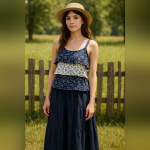 Navy & Ivory Floral Sleeveless Tiered Top M Cottagecore Romantic Boho Feminine